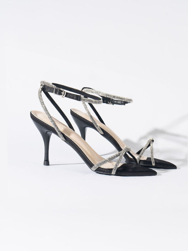 Sun Down Strappy Rhinestone Stilettos - Black