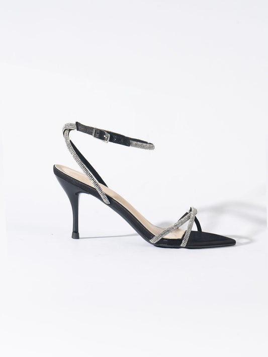 Sun Down Strappy Rhinestone Stilettos - Black