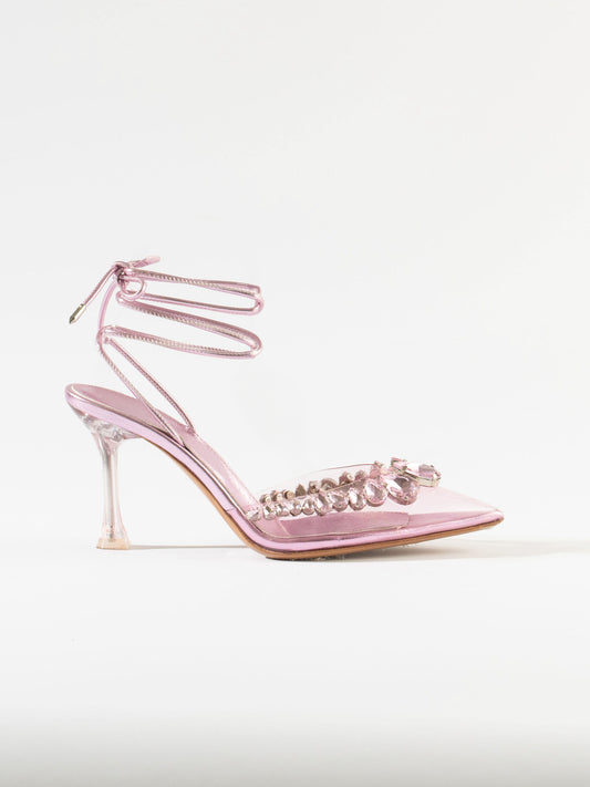 Wonderland Dimond Crystal Embellished Strappy 80MM Sandals - Baby Pink
