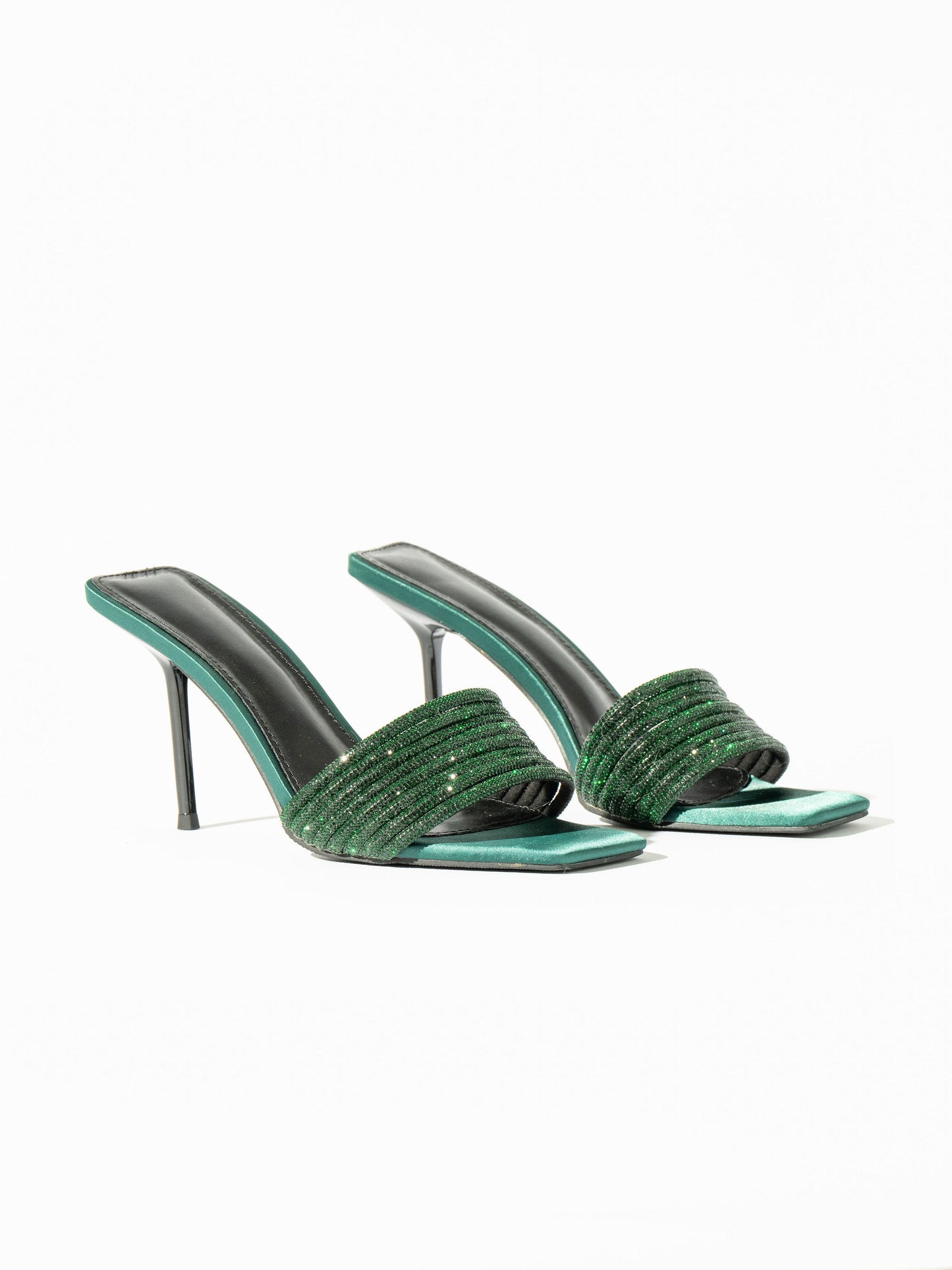 Chopie Satin Crystal Mules - Dark Green