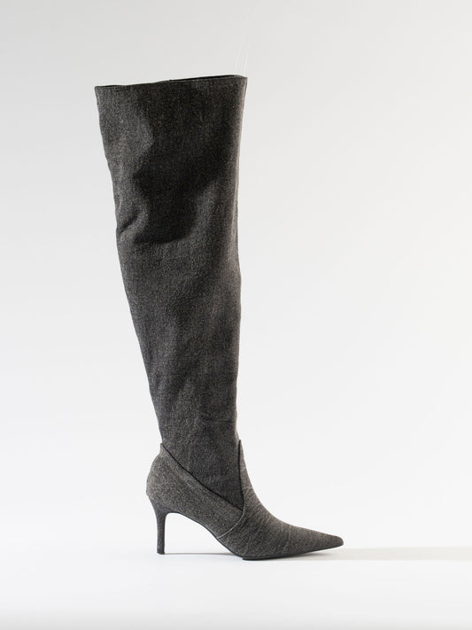 Litia Pointed-Toe Denim Boots - Ash Grey Denim